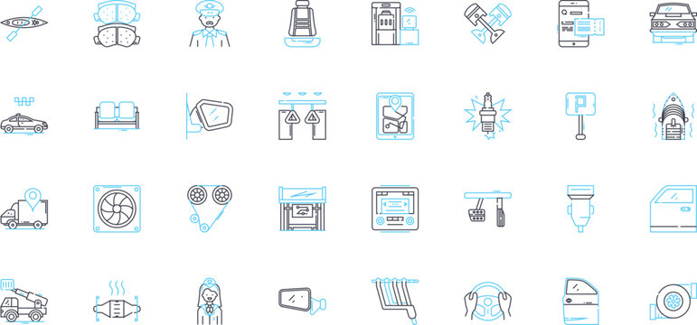 Chauffeur linear icons set. Driver, Car, Luxury, Chauffeured, Professional, Vehicle, Transportation line vector and concept signs. Elegant,Mobile,Service outline illustrations Generative AI