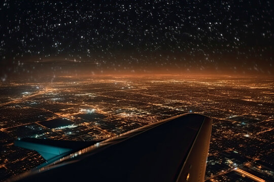 stars plane wing with the city lights