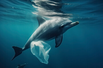 A dolphin trapped in a plastic bag in the ocean. Environmental Protection