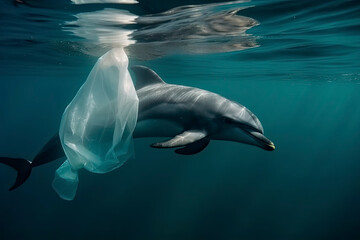 Fototapeta premium A dolphin trapped in a plastic bag in the ocean. Environmental Protection