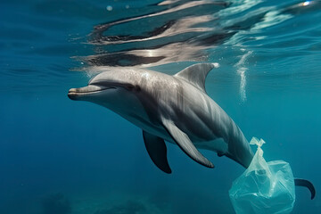 Fototapeta premium A dolphin trapped in a plastic bag in the ocean. Environmental Protection