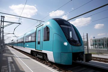 Fototapeta premium Futuristic blue train with wind turbines and solar panels