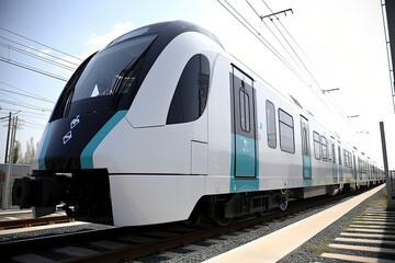 Futuristic blue train with wind turbines and solar panels