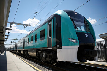 Fototapeta na wymiar Futuristic blue train with wind turbines and solar panels