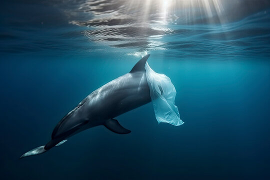 A dolphin trapped in a plastic bag in the ocean. Environmental Protection