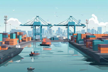 Naklejka premium Air Transportation and transit of Container ships loading and unloading in Ports, transportes