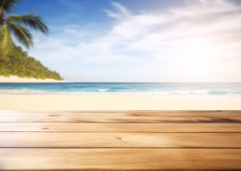 Fototapeta premium A close-up of an empty wooden table over blurred sunny tropical empty beach background