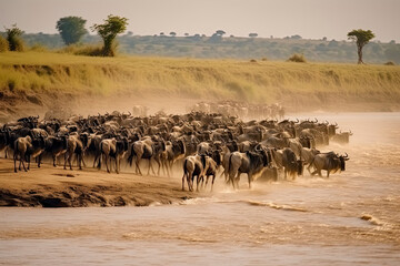 Fototapeta na wymiar Big herd of wildebeest is about Mara River. Great Migration. Kenya