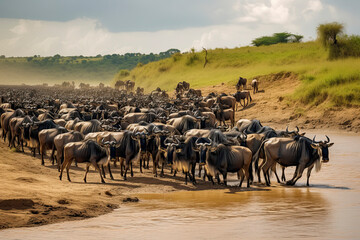 Big herd of wildebeest is about Mara River. Great Migration. Kenya
