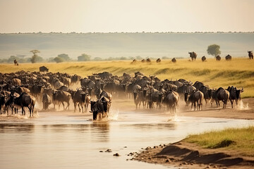 Big herd of wildebeest is about Mara River. Great Migration. Kenya