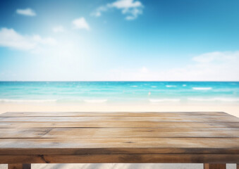 Fototapeta premium A close-up of an empty wooden table over blurred sunny tropical empty beach background