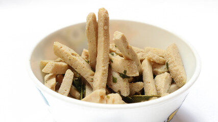 Basreng (Bakso Goreng or fried meatball ), indonesian snacks, with a sprinkling of dried lime leaves and crispy texture