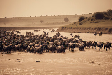 Fototapeta na wymiar Big herd of wildebeest is about Mara River. Great Migration. Kenya