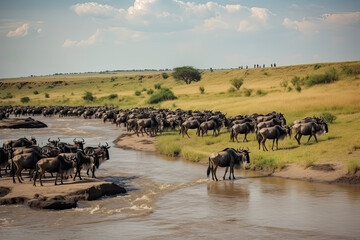 Big herd of wildebeest is about Mara River. Great Migration. Kenya - obrazy, fototapety, plakaty