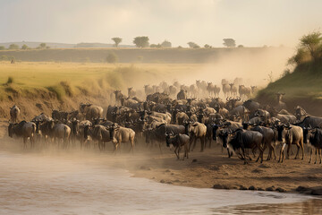 Big herd of wildebeest is about Mara River. Great Migration. Kenya - obrazy, fototapety, plakaty