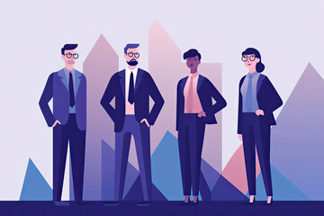 Business team members are standing with confident faces. Business icons are floating above their heads. flat design style vector illustration