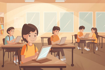 Children with technology tablet and laptop computer in class teacher on background