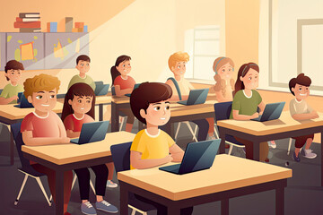 Children with technology tablet and laptop computer in class teacher on background