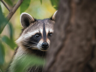 Obraz premium A raccoon is peeking out of a tree.
