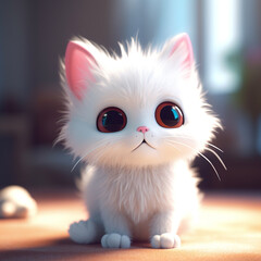 Fototapeta premium A white cat with big eyes sits on a carpet.