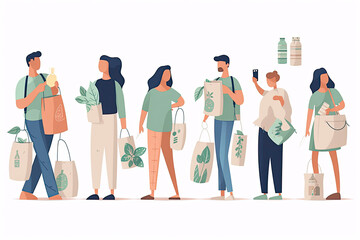 Fototapeta premium Eco illustration for web. People sort waste and use eco bags and reusable cups