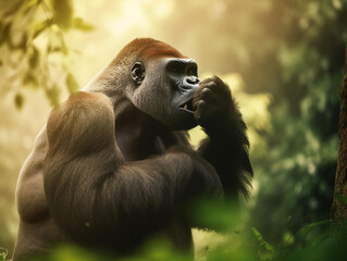 Obraz premium A gorilla in the jungle with a green background.