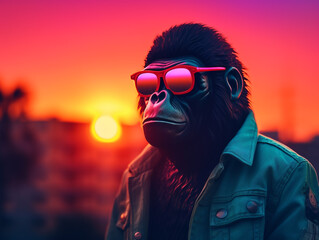 A gorilla wearing sunglasses stands in front of a sunset