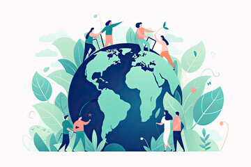 Eco-friendly people with Earth globe, saving planet, protecting and caring about environment. Concept