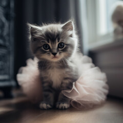 A cat with a tutu on is sitting on a wooden floor.