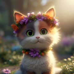 A cat with a flower crown on its head