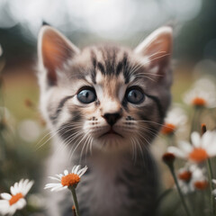Fototapeta premium A kitten with a white face is in a field of flowers.