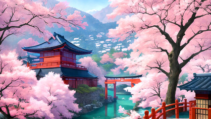 Japanese traditional garden with cherry blossoms and a river