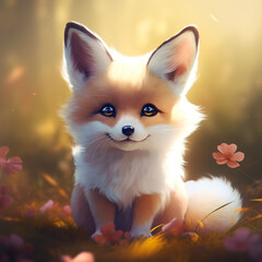 Fototapeta na wymiar A fox with blue eyes sits in a field of flowers.