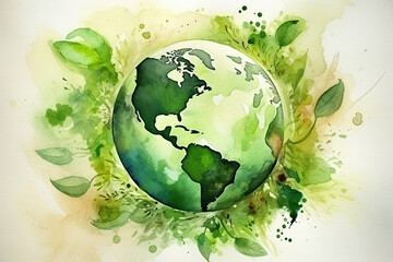Green earth watercolor art hand drawing