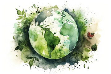 Green earth watercolor art hand drawing - obrazy, fototapety, plakaty