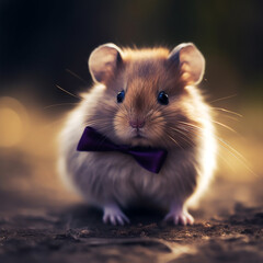 A hamster with a purple bow tie is standing on the ground.