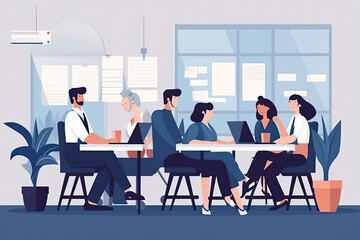 Group of office workers sitting at desks and communicating or talking to each other