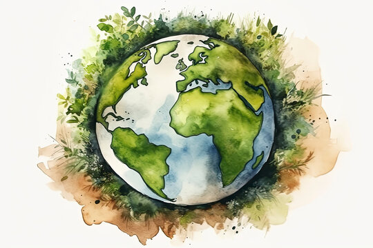 Green earth watercolor art hand drawing