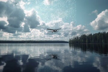 Fototapeta na wymiar a small plane flying over a lake under a cloudy sky. generative ai