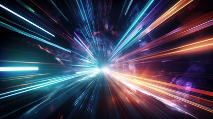Futuristic illustration of colorful light trails with motion blur effect. Sci-fi sf space. generative AI.