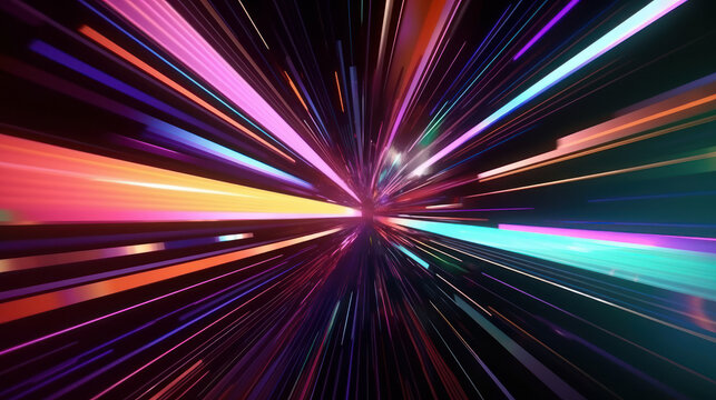 Futuristic illustration of colorful light trails with motion blur effect. Sci-fi sf space. generative AI.
