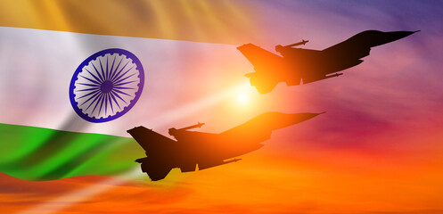 Group of aircraft fighter jet airplane. India flag. Air force day. 3d illustration