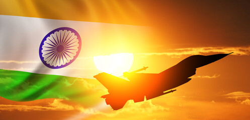 Group of aircraft fighter jet airplane. India flag. Air force day. 3d illustration - obrazy, fototapety, plakaty