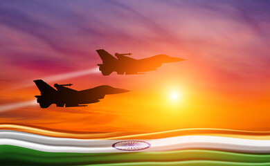 Group of aircraft fighter jet airplane. India flag. Air force day. 3d illustration