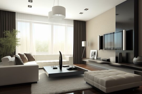 Modern interior. 3D render. Living-room. Exclusive design. Generative AI
