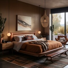 A modern Southwestern Bedroom with sleek leather and clean-lined wood furnishings, illuminated by a pendant lamp, generative ai