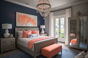 A transitional Nautical Bedroom showcasing a navy blue upholstered sleigh bed, a weathered wood armoire, a coral print wall art, and a glass bubble chandelier, generative ai