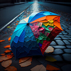 Vibrant patchwork umbrella on cobblestone street