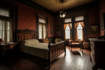 A decadent Victorian Bedroom featuring dramatic, carved woodwork and abundant texture in sumptuous velvets and silks, generative ai
