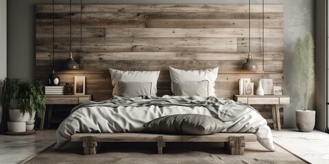 A rustic Scandinavian Bedroom featuring a reclaimed wood headboard and neutral color palette, generative ai